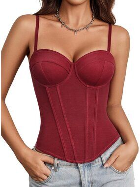 Women's Red Sweetheart Neck Adjustable Straps Underwire Bustier Sexy Corset Top